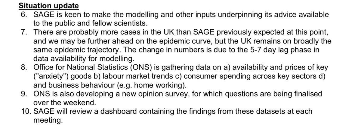 “There are probably more cases in the UK than SAGE previously expected.” On 13 March, the penny was starting to drop that the virus had spread more widely than first thought (no doubt due to half-term travel to Europe).  #coronavirus  #COVID19  #Covid19UK  https://assets.publishing.service.gov.uk/government/uploads/system/uploads/attachment_data/file/888783/S0383_Fifteenth_SAGE_meeting_on_Wuhan_Coronavirus__Covid-19__.pdf