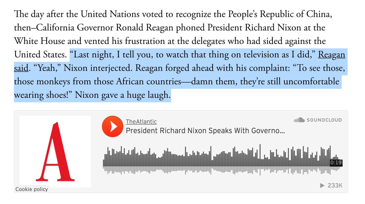 It's well documented how insanely racist Reagan was, but just to throw in some white-supremacist flair, here's Reagan on the phone with Nixon in '71. Oh, how they laugh! 5/