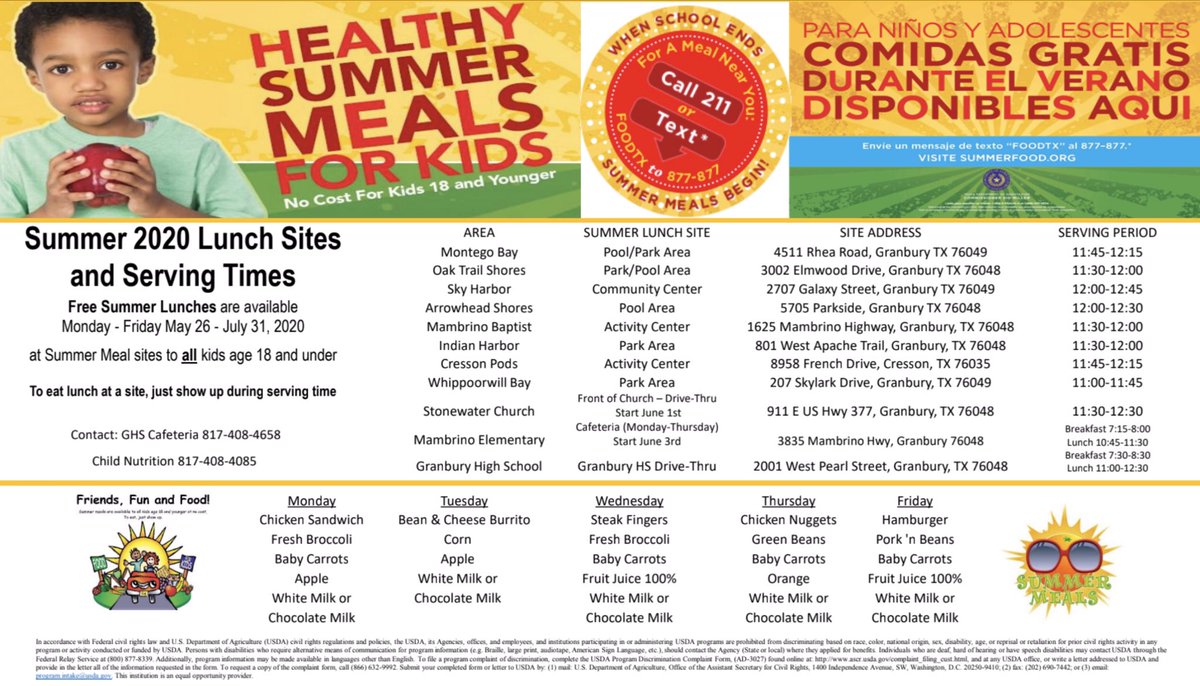 Summer lunches available Monday-Friday at Granbury High School, STEAM Academy at Mambrino, and community locations. Breakfast also available at GHS and Mambrino. Free to all children 18 and under.