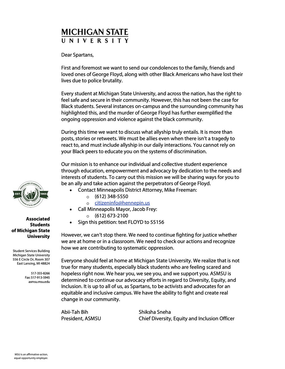 ASMSU's tweet photo. A letter to the Spartan community from @ASMSU_Pres and @ASMSU_CDEIO. https://t.co/kB1qTQmXiu