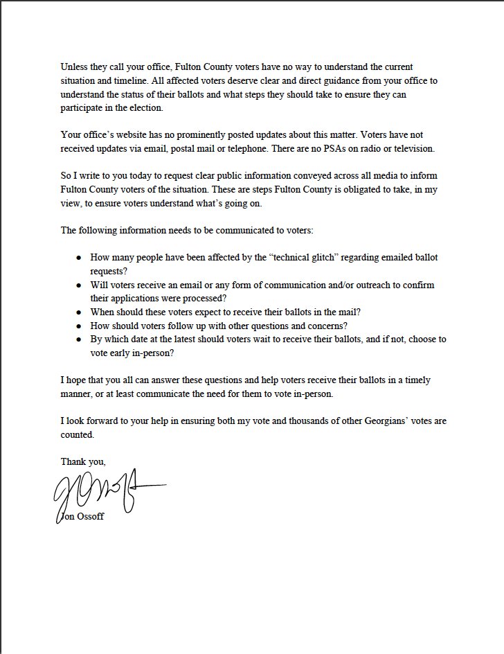 Here’s my letter to Fulton County elections chief Richard Barron demanding clear guidance for the many voters still awaiting absentee ballots who have received no information regarding the county’s failure to process their requests.