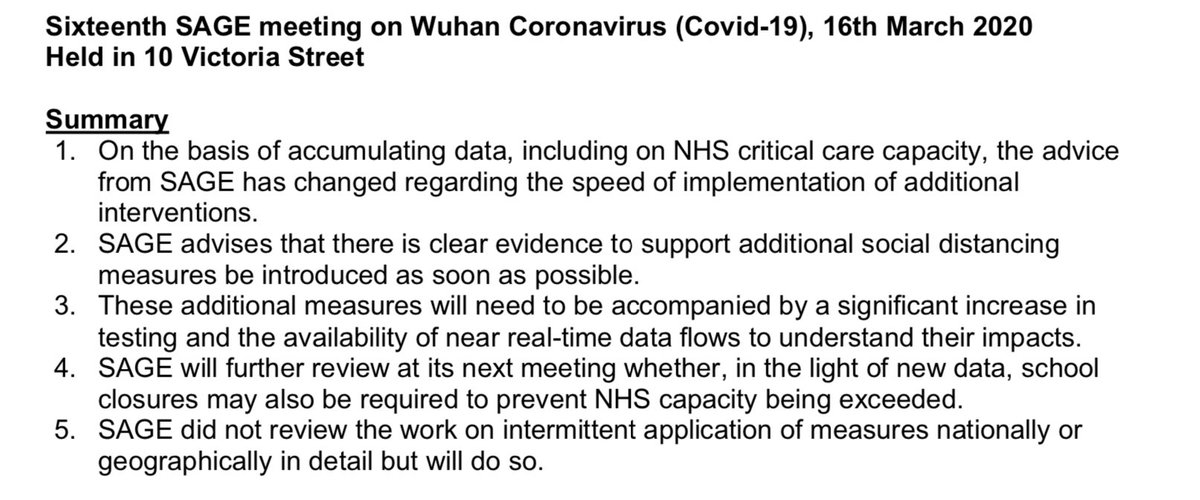 “On the basis of accumulating data, including NHS critical care capacity, the advice of SAGE has changed with regard to the speed of implementation additional interventions.”The penny finally dropped on 16 March. It should have been calculated early Feb.  https://assets.publishing.service.gov.uk/government/uploads/system/uploads/attachment_data/file/888784/S0384_Sixteenth_SAGE_meeting_on_Wuhan_Coronavirus__Covid-19__.pdf