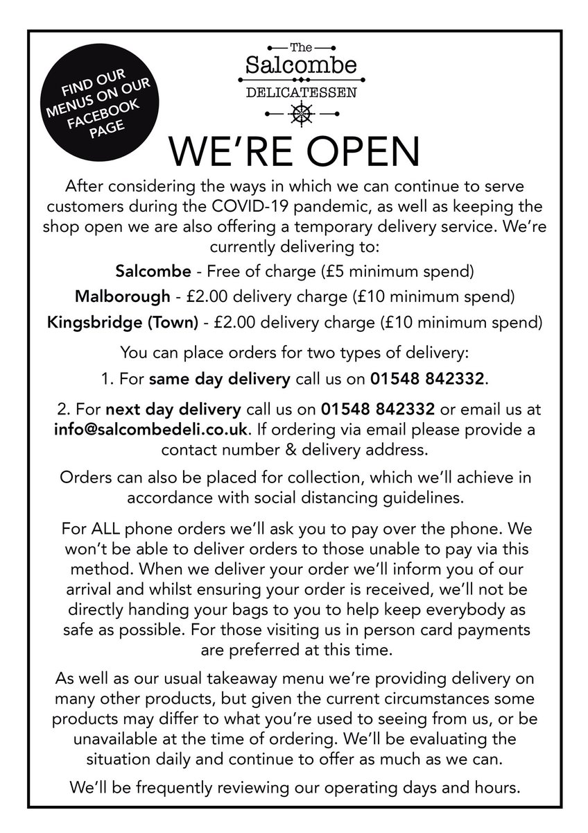 Don’t forget you can place an #order with us for #fruit &amp; #veg alongside other items you might not be used to seeing from us normally. For #fresh produce order for next day #collection/#delivery Monday-Saturday. Call us by 3.00pm or email us by 7.00pm! #Salcombe #Kingsbridge
