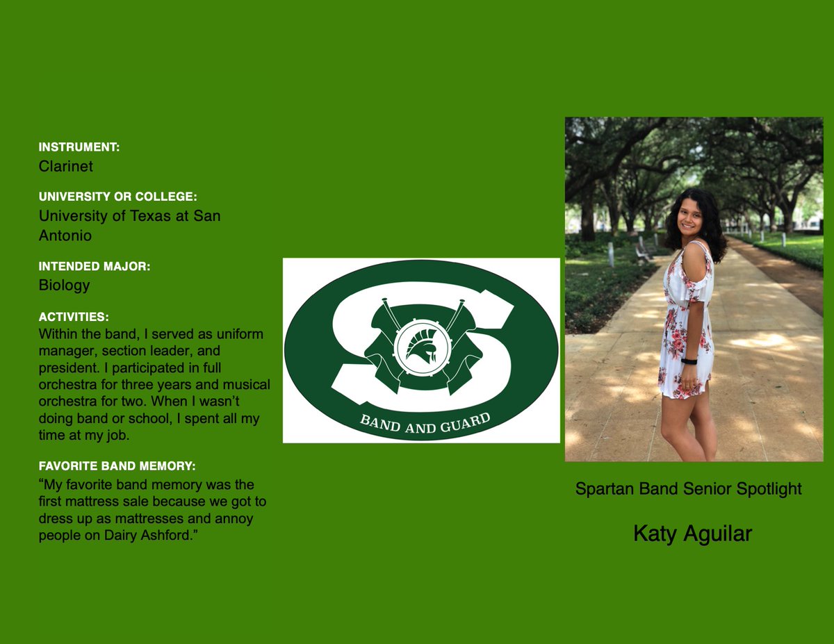 SENIOR SPOTLIGHT!! We are very excited to highlight our awesome Spartan Band Senior Class. We will highlight a different senior every couple of days. Please feel free to share great memories or well wishes for each student!