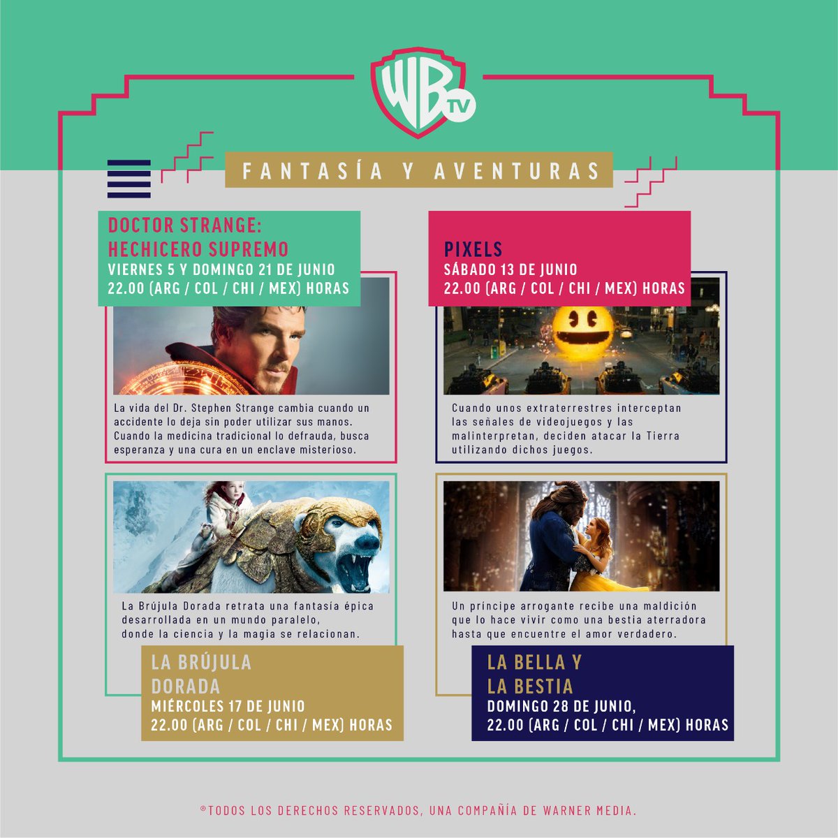 WarnerMediaPR's tweet photo. Llega junio y Warner Channel te trae las mejores noches de películas ¡No te las pierdas! #Teacompañamosencasa https://t.co/cIT7qMj0Rp