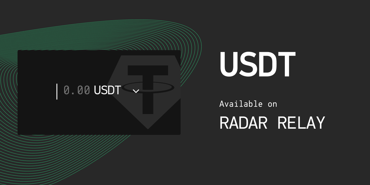 Now available on RADAR RELAY: Tether USDT <a href="/Tether_to/">Tether</a>

USDT is the largest stablecoin by market cap and the most traded cryptocurrency, with a 24 hour volume of over $30B.

Buy and sell USDT at the best prices on relay.radar.tech