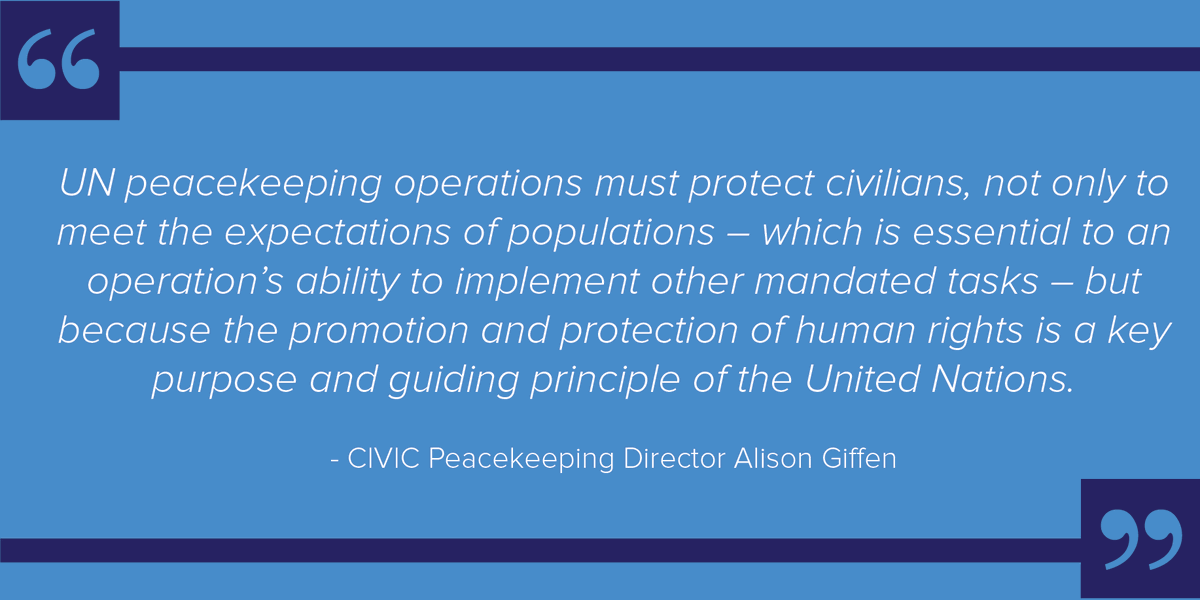 CivCenter's tweet photo. Check out CIVIC Peacekeeping Director @AlisonGiffen's remarks from yesterday's #POCWEEK2020 event hosted by
@irishmissionun @RwandaUN @UruguayONU & @ipinst on #peacekeeping, the Kigali Principles, and POC.
https://t.co/qHmzJeF9bv #Lead2Protect https://t.co/FfMbbSOdCp