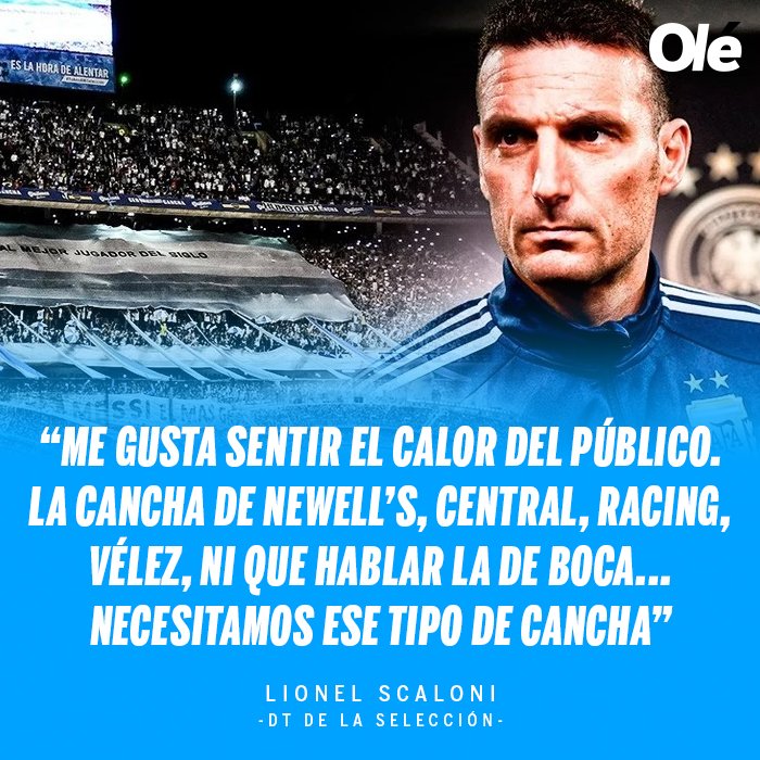 🏟️🇦🇷 Scaloni, el DT de la Selección Argentina, dio su punto de vista sobre la localía: "Hemos jugado en River durante el proceso anterior y no hubo problema, ¿cuál es el problema? Ahora, si a mí me dan a elegir, me gusta sentir el calor del público...". https://t.co/bVZlWw5e70