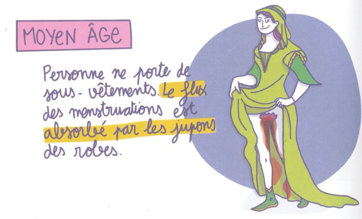 donc il était plus simple de laisser le sang couler librement et ensuite de se laver les jambes. Dans la société paysanne traditionnelle de Suède, les femmes utilisaient couramment des bouts d’habits pour absorber le sang menstruel. Dans d’autres cultures,