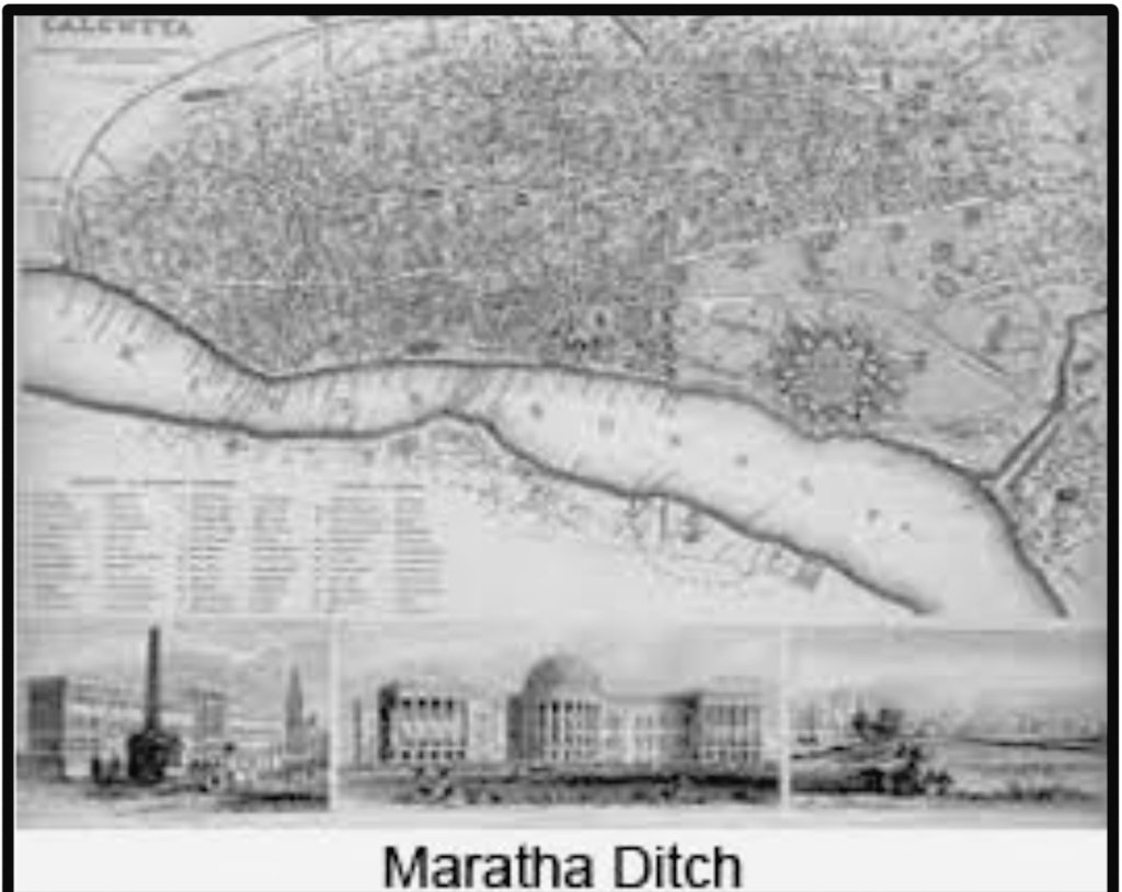 Work of digging an entrenchment in the northern & eastern part of the town was inaugurated. The original plan of the Maratha ditch(archaic:Marhatta ditch) extended for 7 miles. 900 workers were engaged in the excavation. The & #39;natives& #39; had to pay for the construction work. (7)