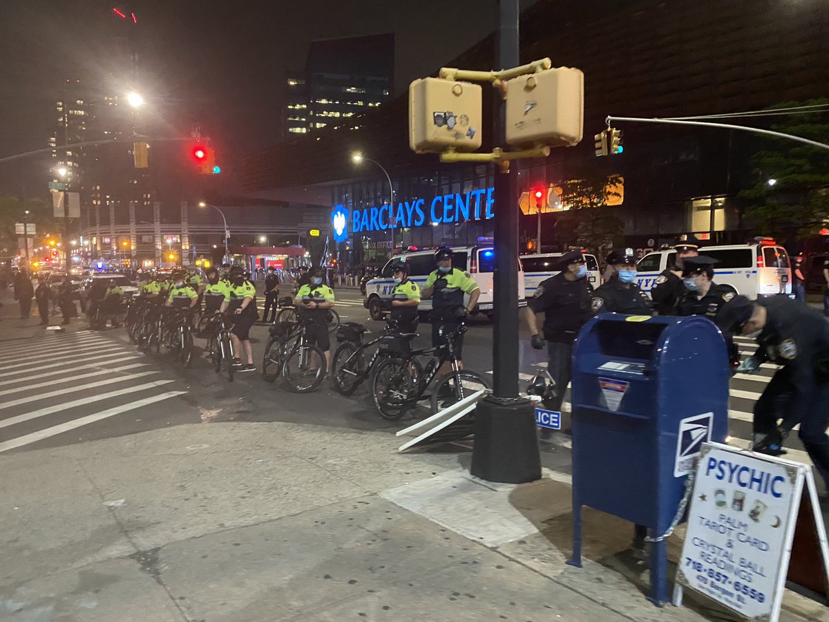 Barclays is clear now, although police still around. Conveniently police seemed to calm down once the area was cleared, just before the mayor arrived to visit the commissioner. Protests have now moved into multiple small protests across Brooklyn.