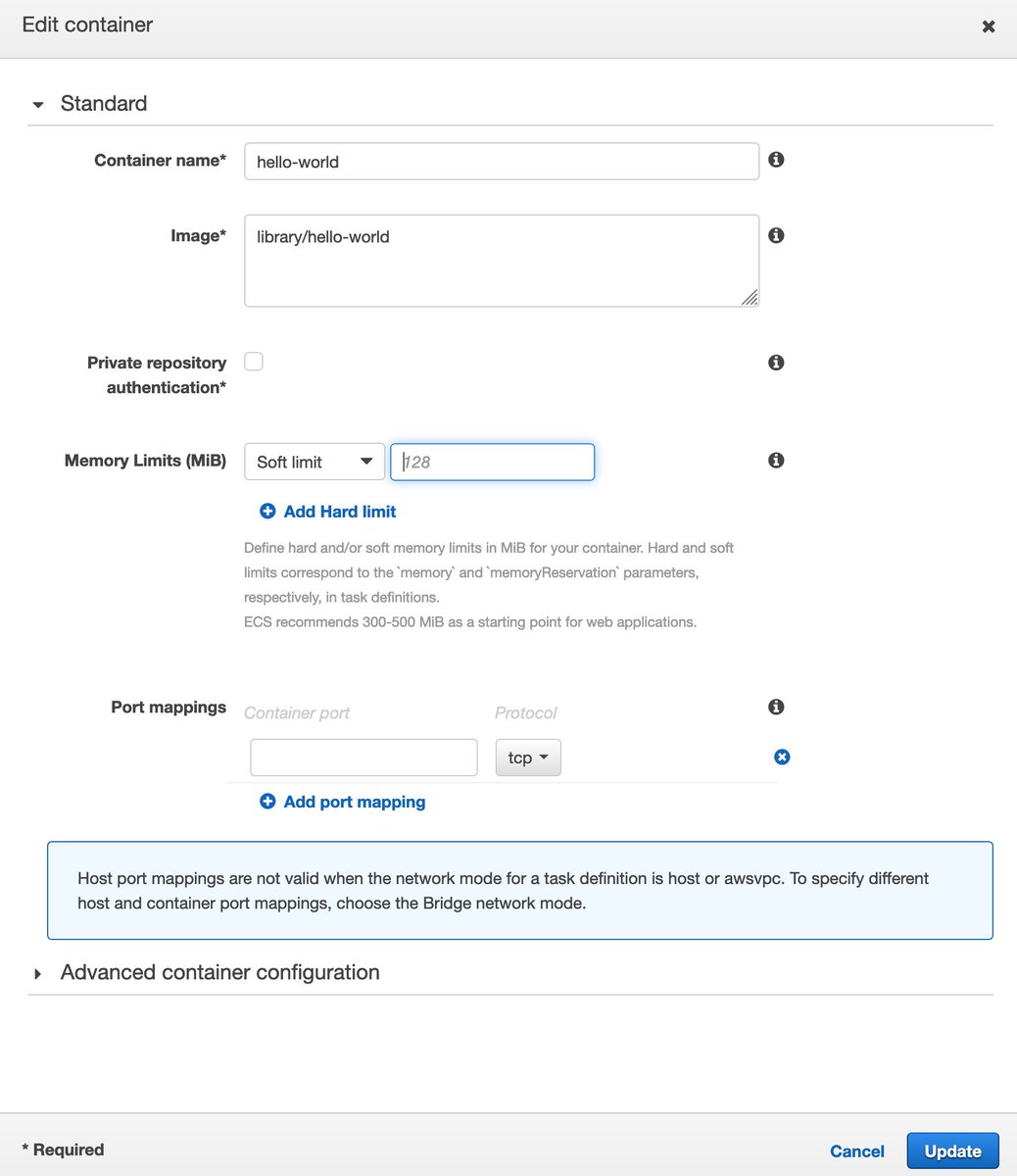 Attempt 1. We'll see how it goes. I clicked into "Advanced container configuration" and realized that it made the EC2 console look like LightSail for Kids by comparison. Yikes. Let's NOPE out of there.