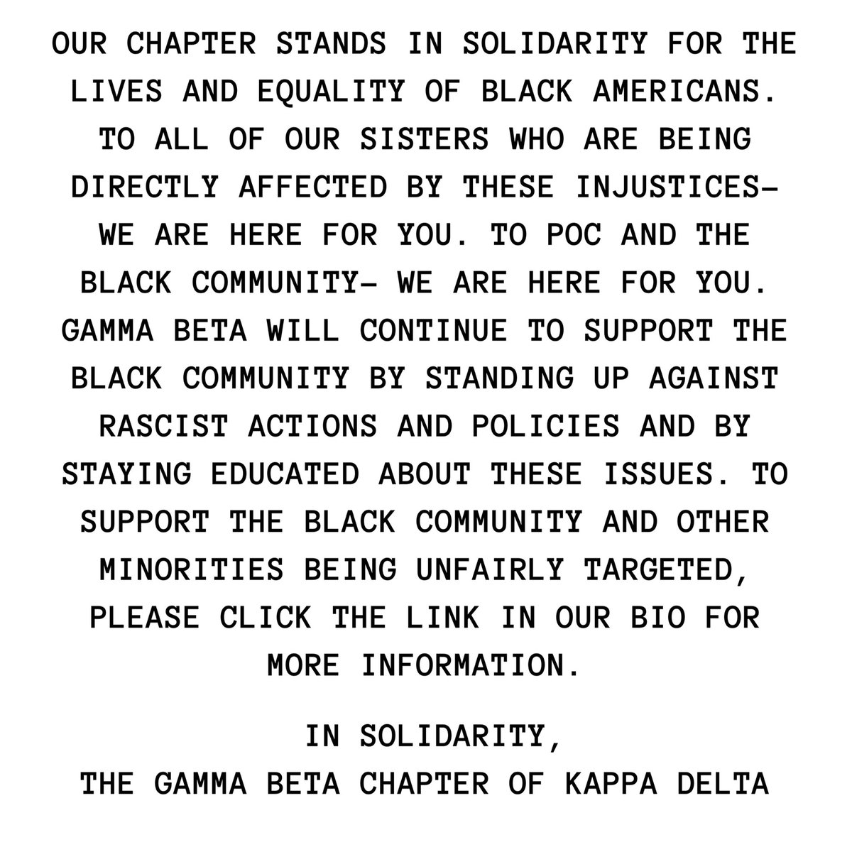 We are here and we stand with our black sisters and our black community. We must use our voices and platform to speak out against racism and injustice. Racism WILL NOT be tolerated. We encourage you to click the link in our bio and to text “Justice” to 668366 or “FLOYD” to 55156