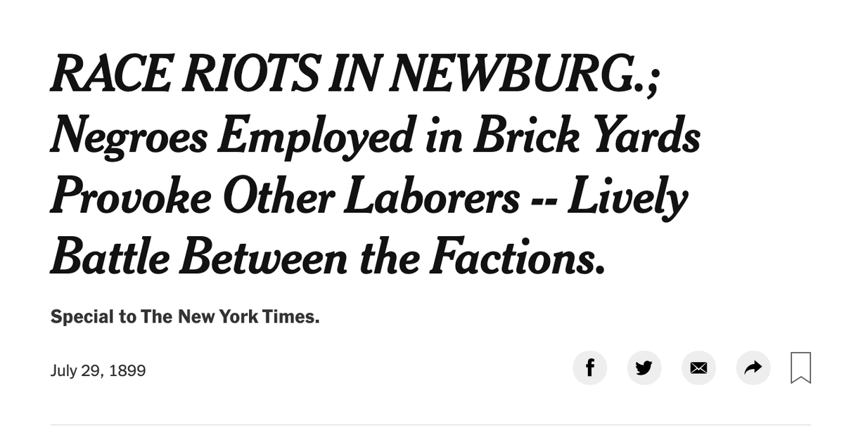 Newburg, NY, 1899Black workers were hired to fill labor shortages in brick yards. Several strikes broke out at multiple brickyards as non-Black workers protested the hiring of more Black ppl. Racial tensions and fights broke out. 2 Black men were injured.This is the NYTimes: