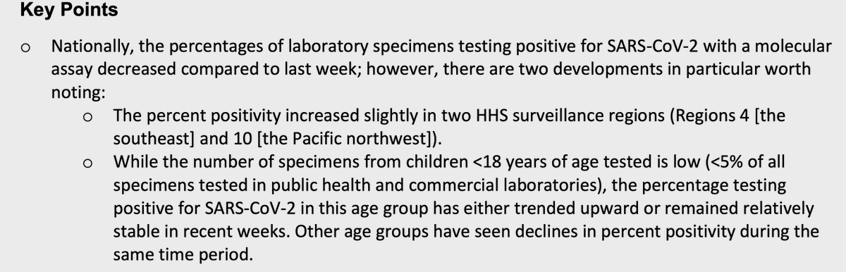6/ First 3 insights:Positivity of specimens is decreasing. That’s good. More tests, fewer infections, or both.Slight increase in northwest and southeast. Not definitive but bears close watch.The test positivity rate is decreasing -- except among children.