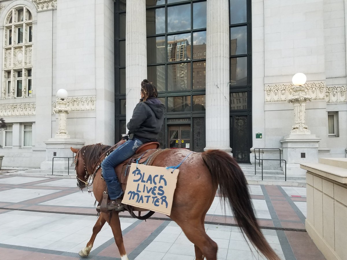 Black Lives Matter horse in front of city at Oscar Grant plaza.  #Oakland #JusticeforGeorgeFloyd