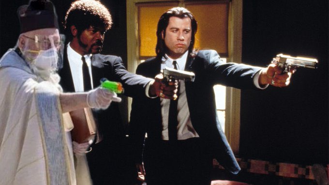 «Ezechiele 25,17. Il cammino dell'uomo timorato è minacciato da ogni parte dalle iniquità degli esseri egoisti e dalla tirannia degli uomini malvagi. Benedetto sia colui che nel nome della carità e della buona volontà conduce i deboli attraverso la valle [...] » #propagandatop