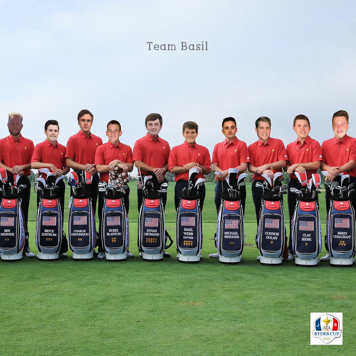 JRNRyderCup's tweet photo. 2020 Delt Invitational Ryder Cup photoshoots are in! #TeamJrad and #TeamBasil looking good! https://t.co/ERqe387HiM