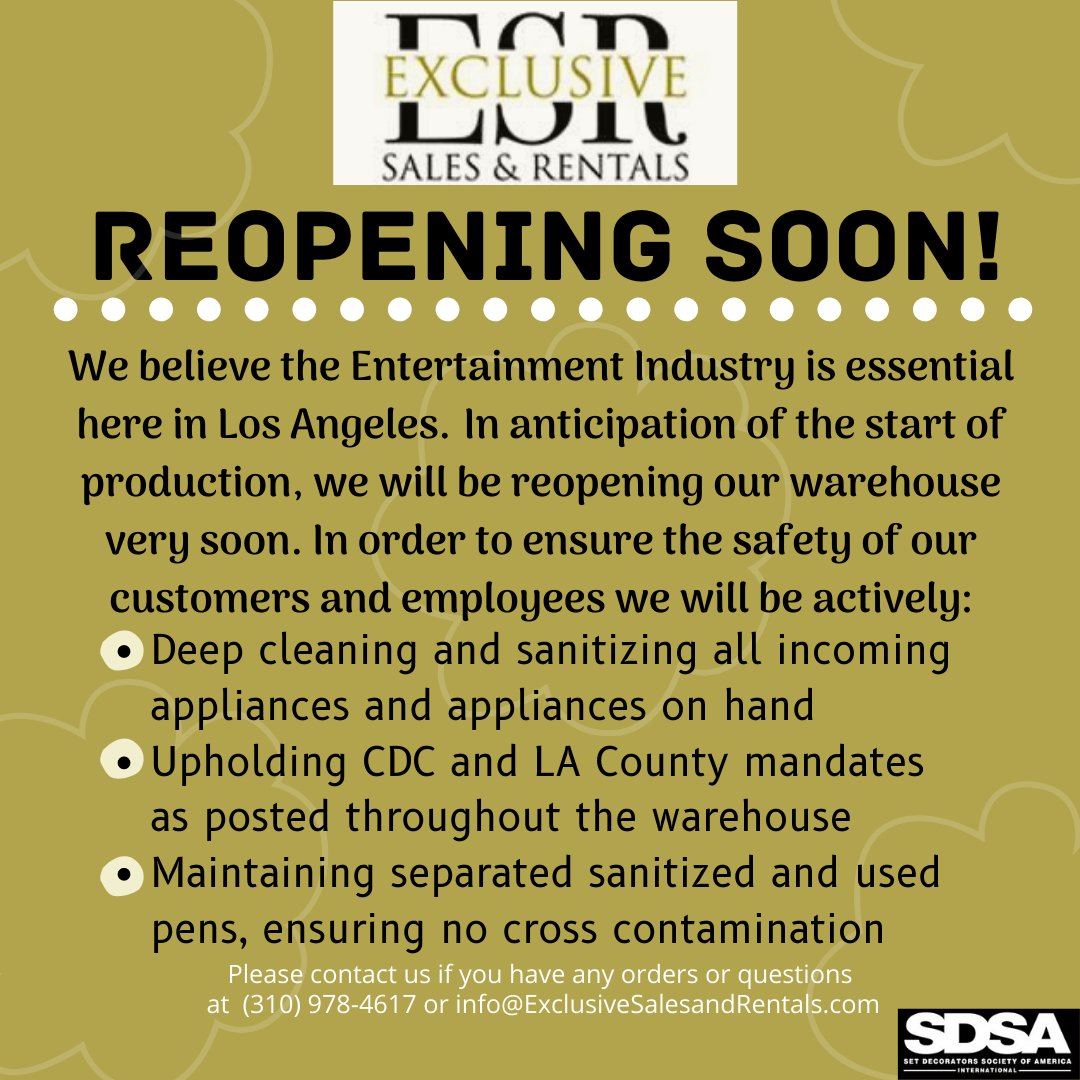 ExclusiveSalesR's tweet photo. We at Exclusive Sales and Rentals are preparing to reopen our warehouse. We want to ensure the safety of our customers and employees by implementing extra precautionary measures. 
Please contact us for more information at (310)978-4617 or 
info@exlusivesalesandrentals.com! https://t.co/1iDvSL8qmm