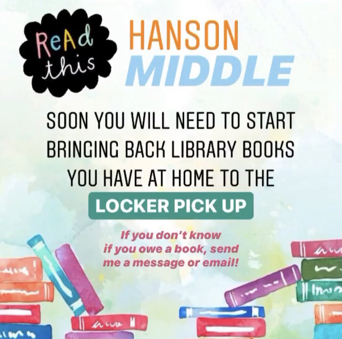 Time to bring back your books! Please have your parents bring any HMS books to locker pick-up next week. Need to know what you owe? Email or message me here! 📚