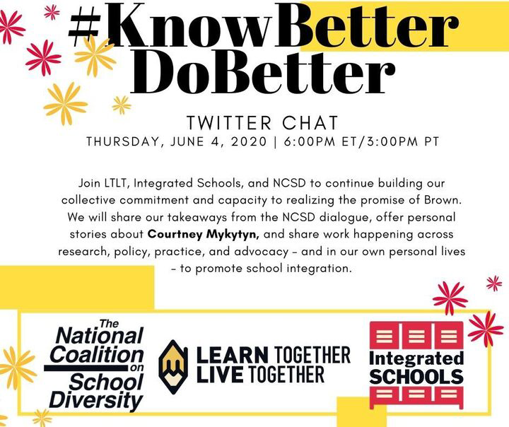 diverse_schools's tweet image. TWITTER CHAT 6/4 at 6pm EST - Join us, @integratedschls, &amp;amp; @LearnTLiveT to reflect on the #NCSD2020 keynote (youtu.be/qKS5WObEi3M), offer memories of Courtney Mykytyn, &amp;amp; share ideas/resources to strengthen our collective commitment to #KnowBetterDoBetter re: #schoolintegration