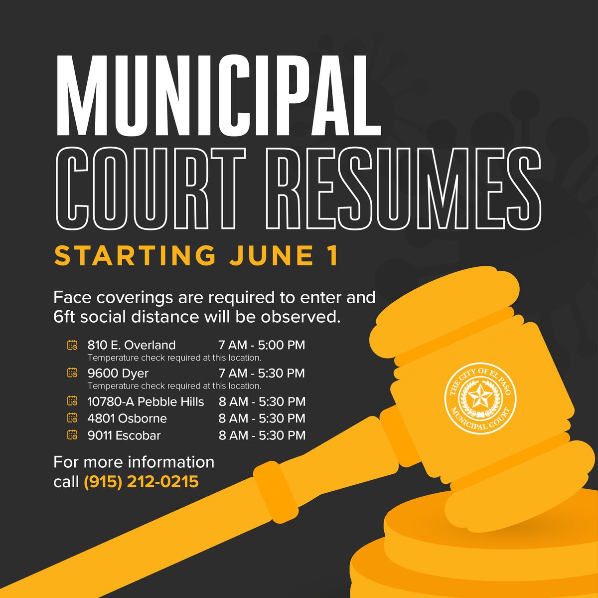 ElPasoTXGov's tweet photo. Municipal Court will reopen for in-person court proceeding and business transactions starting Monday, June 1 with safety guidelines in place to protect visitors and employees from the spread of COVID-19.  For more information on citations and hearings call (915) 212-0215. https://t.co/Tz66DloFR4