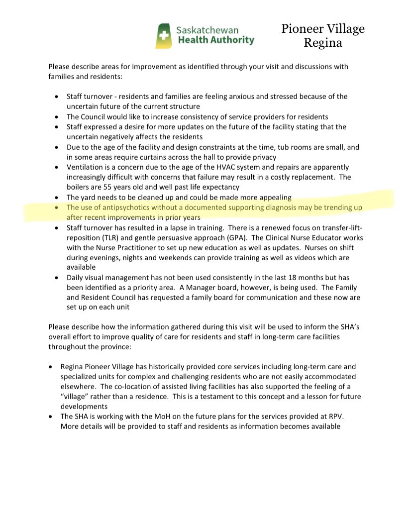 Let’s start in  #YQR: Pioneer Village has a LOT of problems. Ventilation is aging, the boilers are 55 years old, staff are under trained and also people may be taking antipsychotics without reason. Also the rooms are small and lack privacy