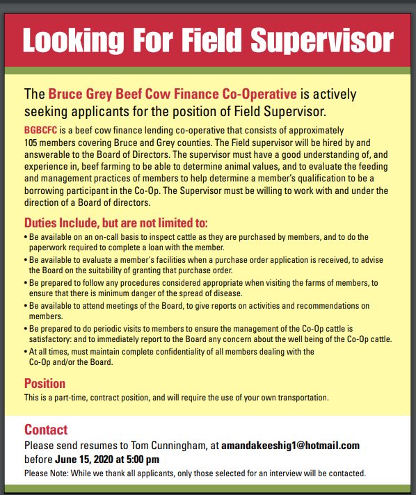 Hey #ontag BGBCF is looking for a new supervisor! We have a great group of members and board of directors. If you know anyone interested or want more info contact me. RTs appreciates. #cowcalf #ontbeef