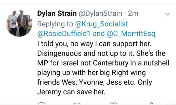 Two execs wrote it but 19 endorsed it - which they knew full well. This included Canterbury CLP member, Dylan Strain, who claimed that D. Baddiel wrote Tracey Ullman’s ‘anti-Corbyn’ sketch & Rosie Duffield was more like an MP for Israel because of her opposition to antisemitism.
