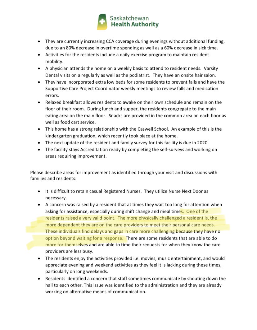 A very important note from the report at  #YXE’s Convalescent Home: a big issue in  #Sask LTC homes is waiting for care. Staff are overworked, especially at nights and during mealtime. For residents who need extra care, or higher levels, they’re left stranded  #YQR  #SKPoli