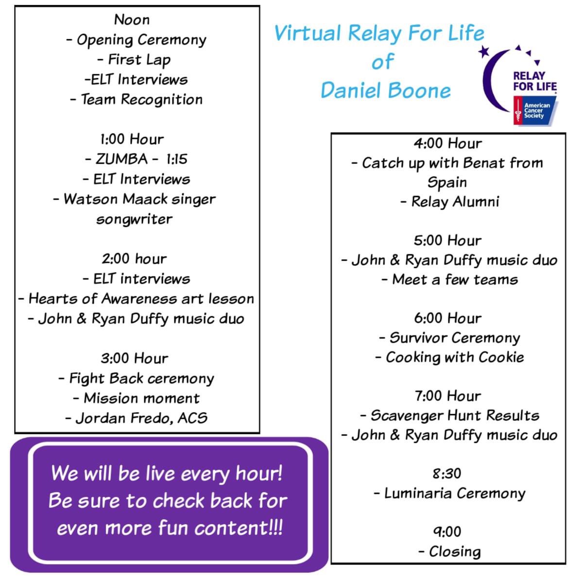 DBrelayforlife's tweet photo. Come hang out with us tomorrow!!! There's lots more planned, but we didn't want to give away ALL of our amazing content!! Guest speakers, cool videos, and important information will fill the day. We will be live every hour on the hour, so check back often!!! #DBRelay2020 #HOPE https://t.co/SgyOrPqWki