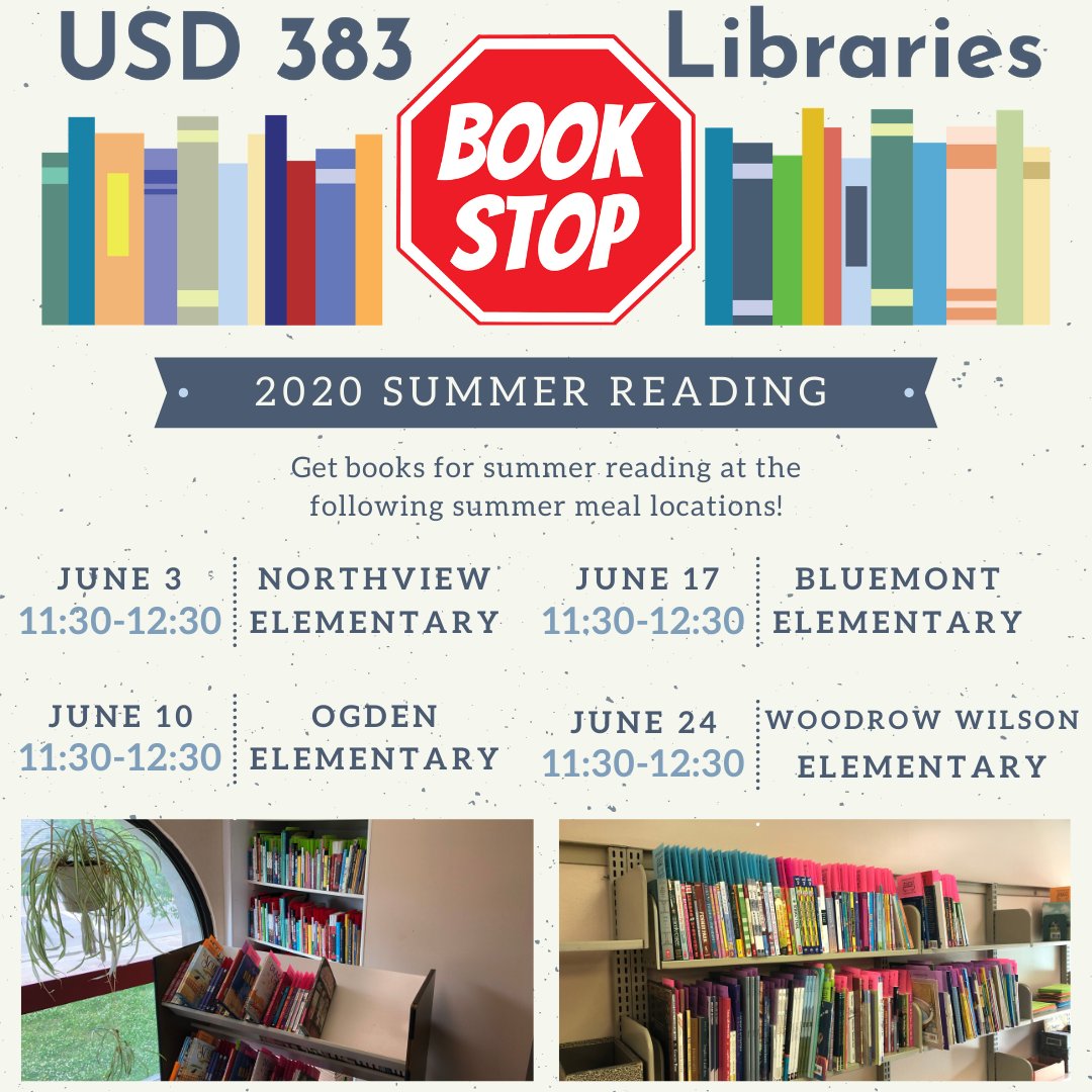 usd383's tweet photo. Summer Reading 2020 is coming to a location near you! Families can pick up books from 11:30-12:30 at any of the 4 dates/locations listed
6/3 - Northview
6/10 - Ogden
6/17 - Bluemont
6/24 - Woodrow Wilson
See you there! https://t.co/1i1wUsHD4D