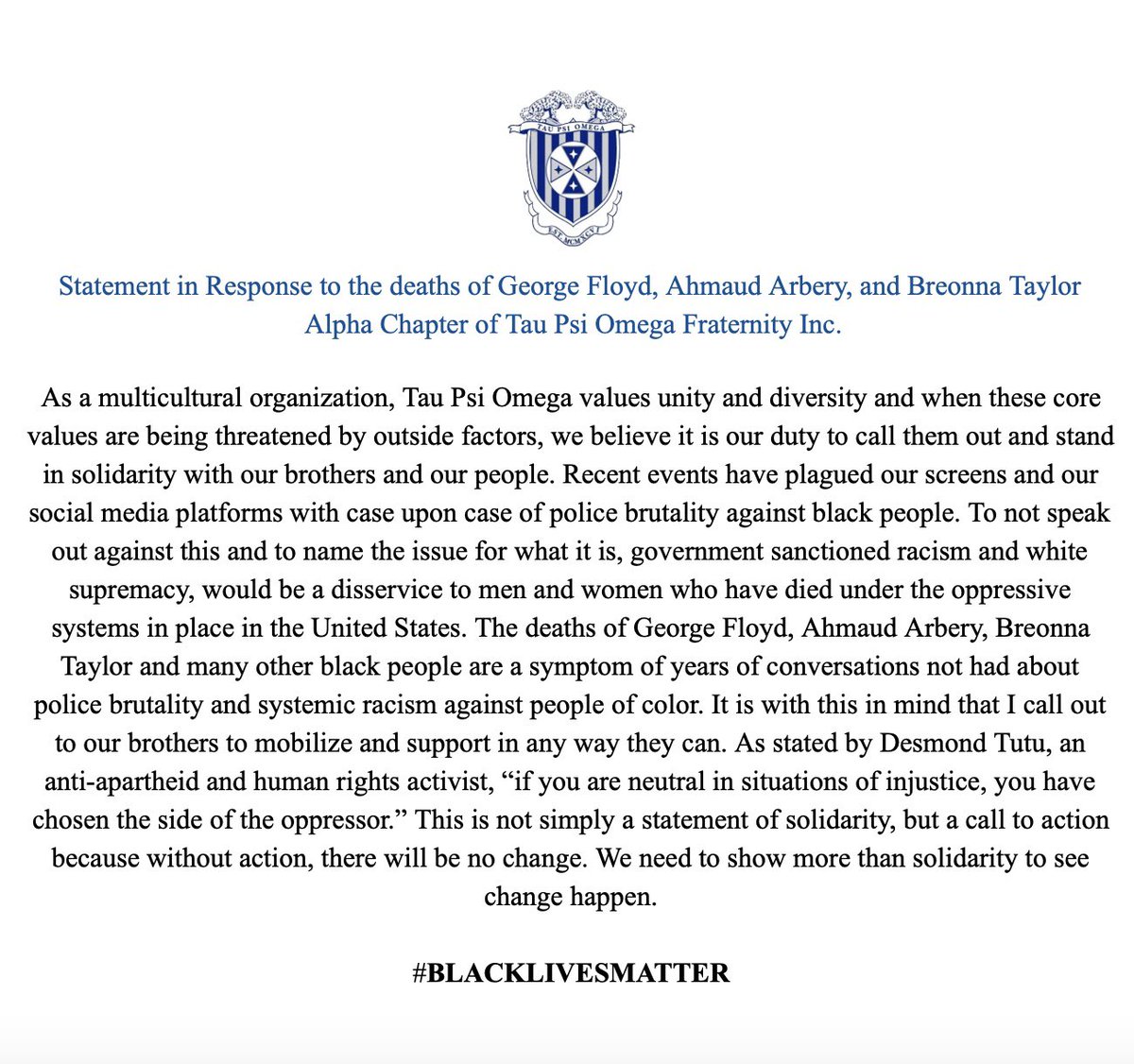 ASUTauPsi's tweet photo. OUR RESPONSE TO RECENT EVENTS: As a multicultural organization, Tau Psi Omega values unity and diversity and when these core values are being threatened by outside factors, we believe it is our duty to call them out and stand in solidarity with our brothers and our people. https://t.co/ynM2PAheen