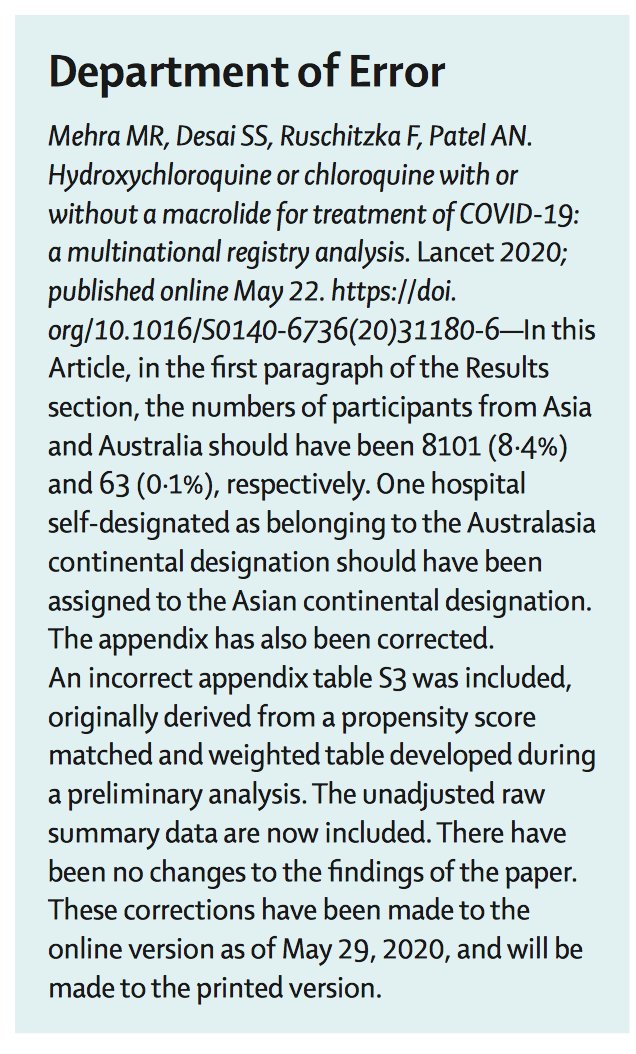 Follow up on this.  @TheLancet issued a correction of the paper and overall conclusions remained unchanged. Additional corrections coming through. More to come, for sure.  https://www.thelancet.com/lancet/article/s0140-6736(20)31249-6