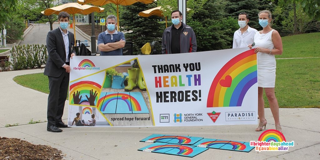 EDoormats's tweet photo. Hundreds of #BrighterDaysAhead rainbowtrail doormats have been donated to @NYGH_News #HealthcareHeroes essential workers today!  The mats are for sale to public at @CanadianTire Leslie &amp; Shepard location only.  Proceeds benefit @NYGHFoundation COVID Emergency Fund! #cavabienaller https://t.co/tmgdJHtQ4C