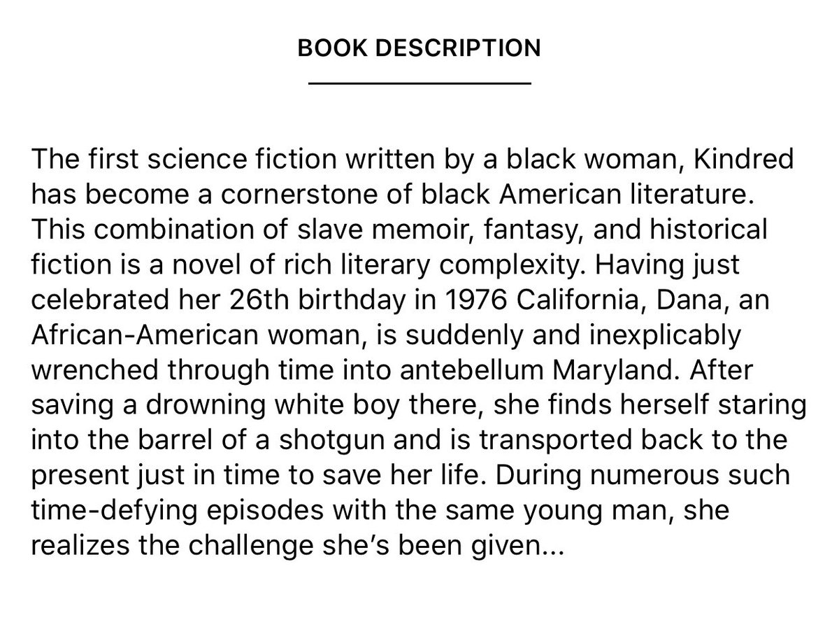 I’ll be adding books to this thread that hopefully give nuance to what it means to be black in America.Please add your suggestions as well! First, a personal favorite, the novel “Kindred” by Octavia E. Butler. It is so good and there is time travel...