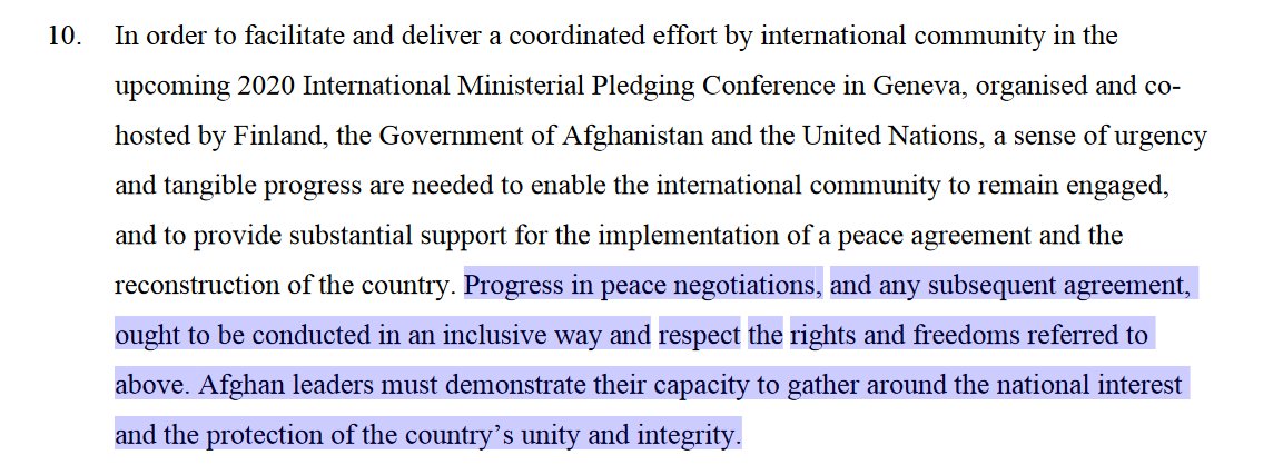 11: Worth noting that the EU doesn't just call on the Taliban to respect these core values. It contains a clear warning to the current govt that EU support is not a given & could be easily withdrawn if the actors begin sacrificing core values & interests for factional gains.