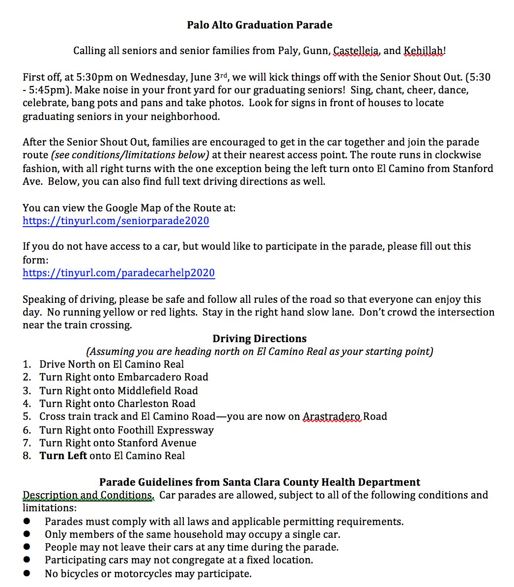 Paly ASB (@palyasb) on Twitter photo Graduation Parade is a GO!  See Schoology, your Infinite Campus email, or the image here for details! (Edit: Written directions updated) Graduation Parade is a GO!  See Schoology, your Infinite Campus email, or the image here for details! (Edit: Written directions updated)