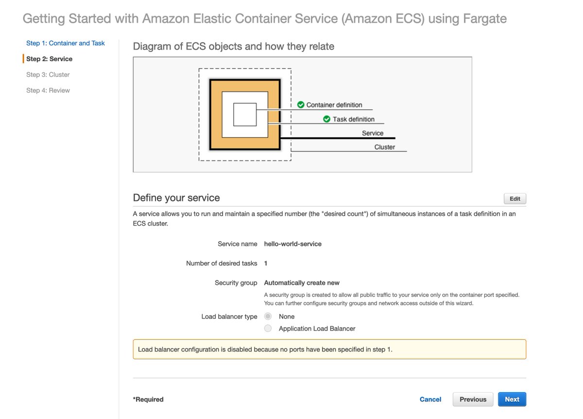 Next we get to define the service. Note the borderline-error message at the bottom, because to the folks who build the AWS console anything that isn't a webapp is a bug.The webapp they've built is a distributed system of bugs.