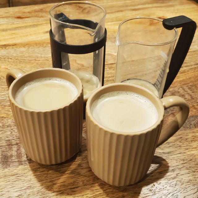 Daily tea timePulled Kashmiri chaiNot sure if this is traditional, but I tried making more Kashmiri chai, adding some ground pecans and pistachios this time, and pulling the tea as with teh tarik.