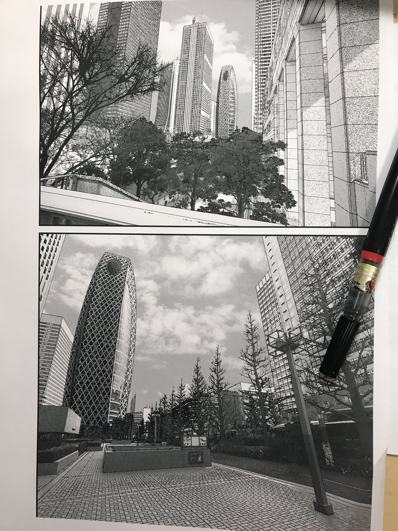 奥 浩哉 最初にネームに合わせて背景を先にプリントしてもらい ライトボックスでこれを透かしながら人物を別の紙に描き入れます 奥 浩哉 最初にネームに合わせて背景を先にプリントしてもらい ライトボックスでこれを透かしながら人物を別の紙に描き入れます