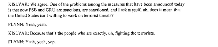 2/ Note: Kislyak did not pose a question, or rather posed a rhetorical question. And Flynn doesn't say "yes." The way the summary reads, Flynn told Kislyak the monetary sanctions meant US wouldn't be working on terrorism with Russia. Now, read the actual words.