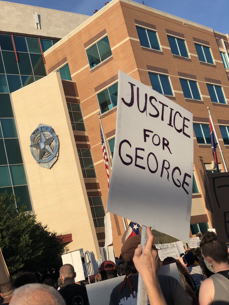 Signs I see:- “Justice for George”- “Black Lives Matter”- “End Injustice”- “Please, I can’t breathe.” - “No justice, no peace” Few others with expletives. Definitely more than 500 people now.