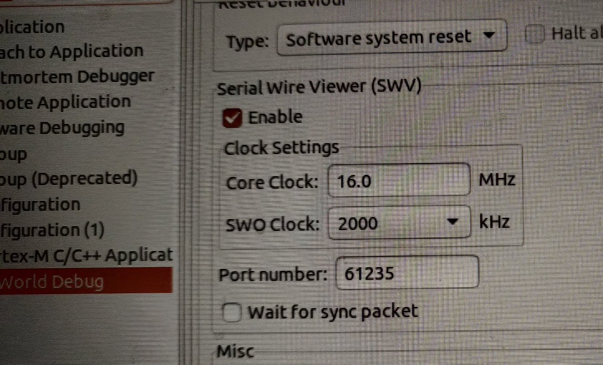 Adyrn001's tweet image. @ST_World Hey,
I am using STM32 Nucleo-F401RE with STM32CubeIDE, and in debugger setting I don't know what to set for Serial Wire Viewer(SWV), So receiving garbage only while debugging. Kindly help in getting me these settings right! #help #stmicrocontroller @ST_Latino