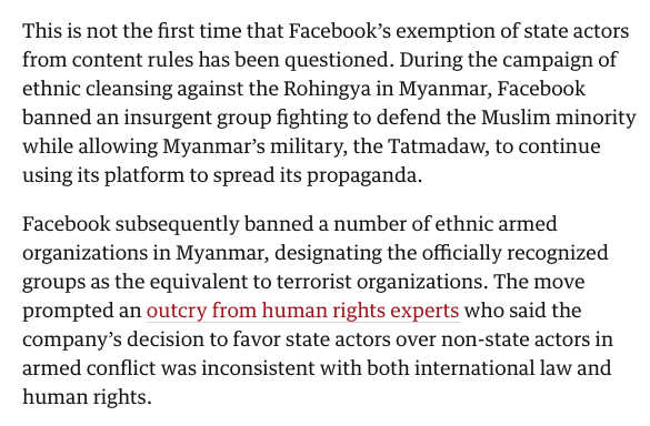 It's not the first time that the question of policy violations by state vs non-state actors has come up, however. This has been very much at play in Myanmar, where FB has put its thumb on the scale by allowing the Tatmadaw free reign while banning recognized ethnic armies