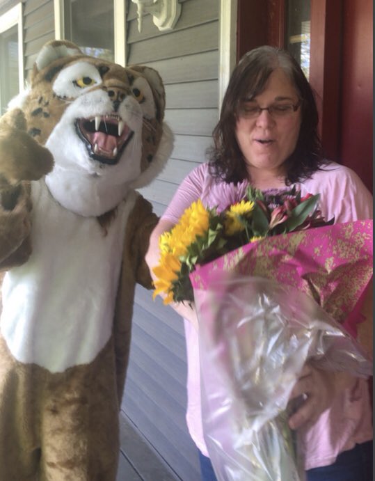 nwsbobcats's tweet photo. Congratulations to our 2019-20 NWS Teacher of the Year-Amy Lovejoy! Bobcat enjoyed visiting you today! (But of course, the convertible ride was his favorite part) #nwsbobcats https://t.co/6ggSWdTJi4