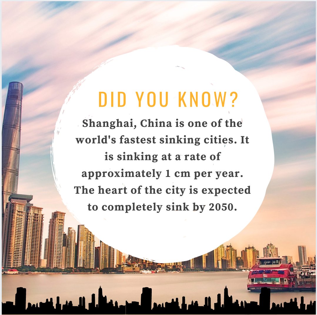 savesinkingcity's tweet photo. Shanghai, China is sinking extremely fast. The main reason is because of the over-use of underground water. Due to Shanghai's large population, more extraction of groundwater is needed, resulting in the city subsiding. Do your part and share #savesinkingcities #ClimateChange https://t.co/EwyJdzqVI5