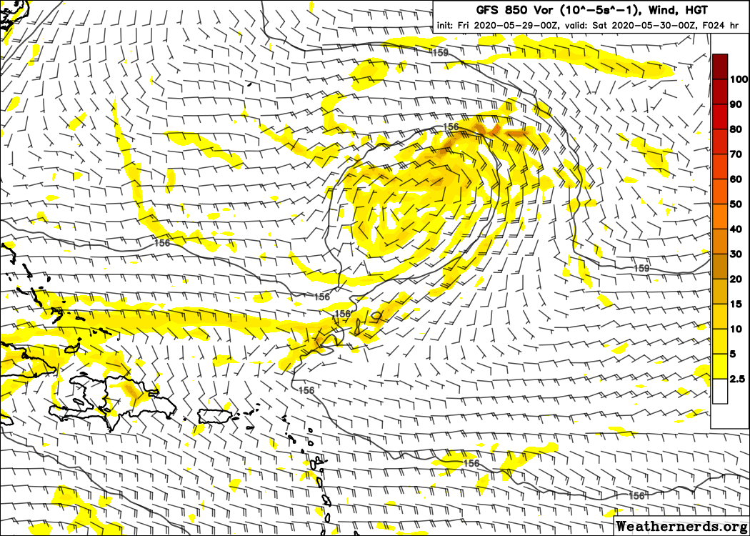 Compare this to the 00z GFS which did not produce a mesovortex embedded in the larger circulation & perhaps related, it did not produce a convective burst near the center.