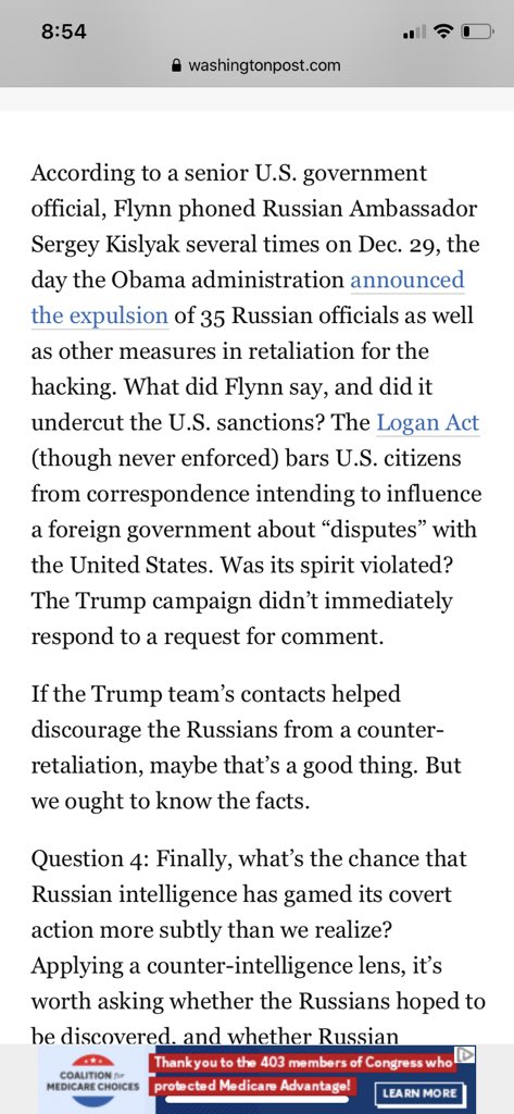  #FLYNN Side by Side: 2017 WaPo report on Flynn/Kislyak 12/29/2016 call and newly declassified transcripts of same call from acting DNI  @RichardGrenell and DNI  @RepRatcliffe sent to  @ChuckGrassley  @SenRonJohnson