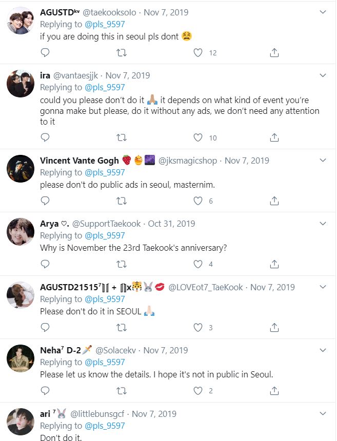 The interesting thing was the responses that some of these ads got. I will let you form your own conclusion but here are some screen shots from a Taekook ad. https://twitter.com/pls_9597/status/1190038590807584770